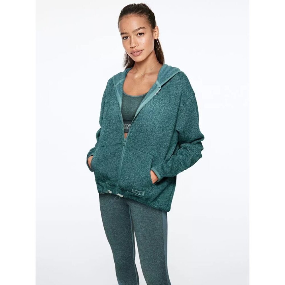 PINK VICTORIA'S SECRET WOMENS XS HOODED SWEATER JACKET TEAL LIGHTWEIGHT FULL ZIP